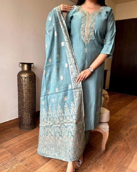 Rama Chanderi Kurti Set with Embroidery and Jacquard Dupatta 3 Piece Kurti Set