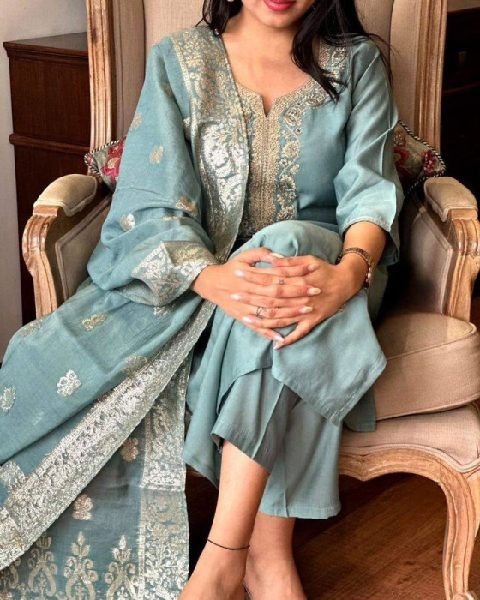 Rama Chanderi Kurti Set with Embroidery and Jacquard Dupatta 3 Piece Kurti Set