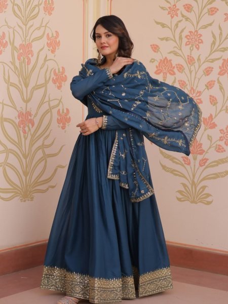 Rama Color Readymade Anarkali Gown in Star Georgette with Heavy Embroidery Dupatta  Anarkali Kurtis 