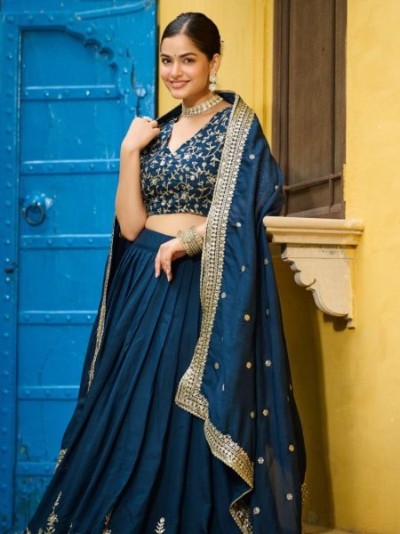 Rama Color Vichitra Silk Embroidered Lehenga Choli Ideal for Celebrations  Lehenga