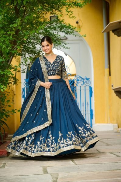 Rama Color Vichitra Silk Embroidered Lehenga Choli Ideal for Celebrations Designer Lehenga Choli