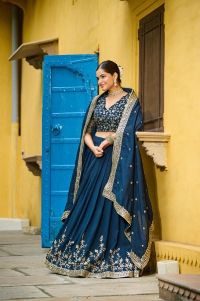 Rama Color Vichitra Silk Embroidered Lehenga Choli Ideal for Celebrations Designer Lehenga Choli