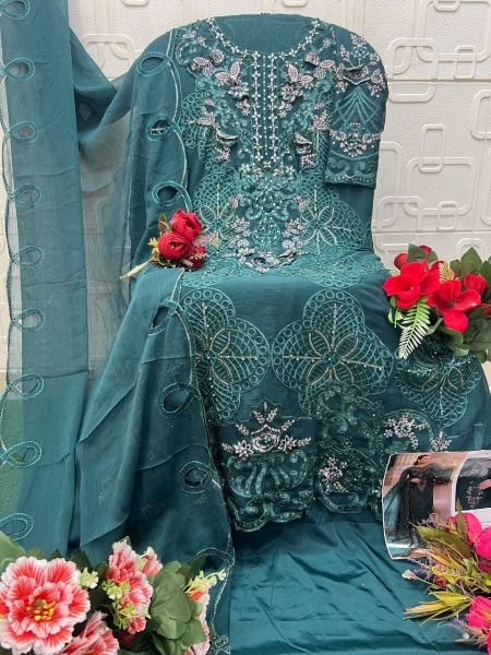 Rama Designer Chiffon Embroidered Top with French Silk Bottom For Pakistani Festival Pakistani Suits Wholesale