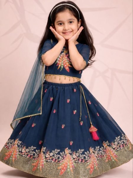 Rama Georgette Embroidered Kids Lehenga Choli with Net Dupatta for Wedding Celebrations Kurtis