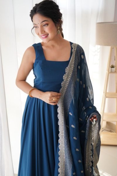 Rama Georgette Gown with Heavy Dupatta At Manufacturer Price for Weddings Georgette Kurti 