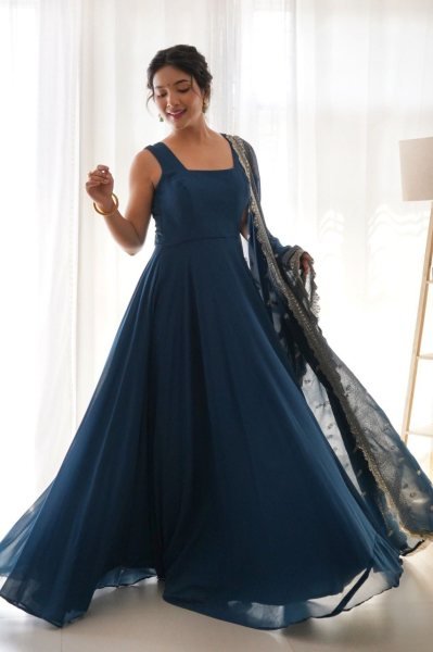 Rama Georgette Gown with Heavy Dupatta At Manufacturer Price for Weddings Georgette Kurti 
