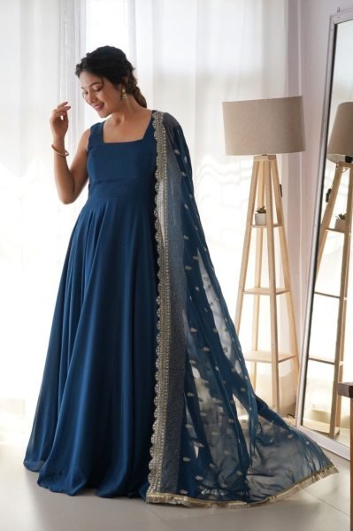 Rama Georgette Gown with Heavy Dupatta At Manufacturer Price for Weddings Georgette Kurti 