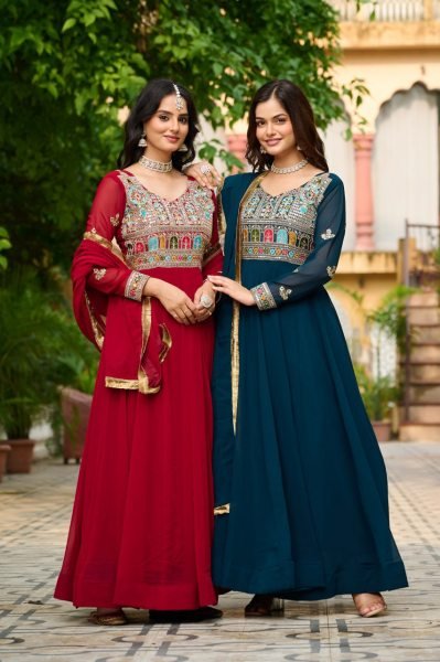  Rama Green Anarkali Gown with Zari Dupatta Sangeet Ready Look Anarkali Kurtis 