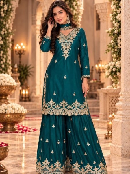Rama Heavy Chinon Embroidered Plazo Suit with Sequin Work and Dupatta For Wedding Salwar Kameez