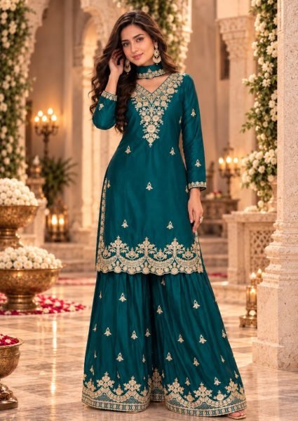 Rama Heavy Chinon Embroidered Plazo Suit with Sequin Work and Dupatta For Wedding Designer Plazzo Salwar Suits Wholesale