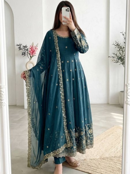 Rama Heavy Crunchy Silk Party Wear Gown with Sequins Work and Matching Pant Ready To Wear Suit