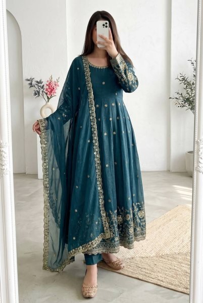 Rama Heavy Crunchy Silk Party Wear Gown with Sequins Work and Matching Pant Ready To Wear Collection