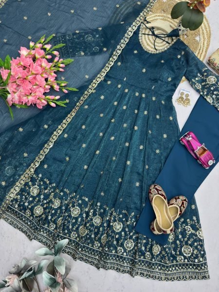 Rama Heavy Crunchy Silk Party Wear Gown with Sequins Work and Matching Pant Ready To Wear Collection