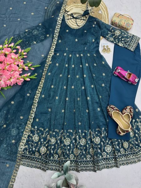 Rama Heavy Crunchy Silk Party Wear Gown with Sequins Work and Matching Pant Ready To Wear Collection