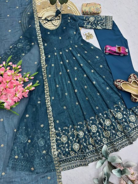 Rama Heavy Crunchy Silk Party Wear Gown with Sequins Work and Matching Pant Ready To Wear Collection