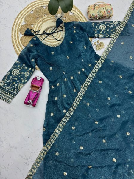 Rama Heavy Crunchy Silk Party Wear Gown with Sequins Work and Matching Pant Ready To Wear Collection