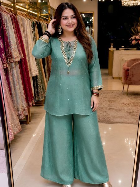Rama Kurti Palazzo Blouse Set with Golden Hanging and Designer Embroidery For Engagement  Kurtis