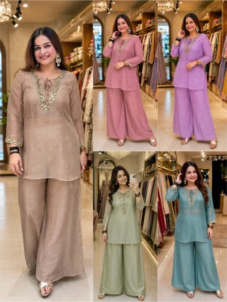 Rama Kurti Palazzo Blouse Set with Golden Hanging and Designer Embroidery For Engagement  CO ORD Sets