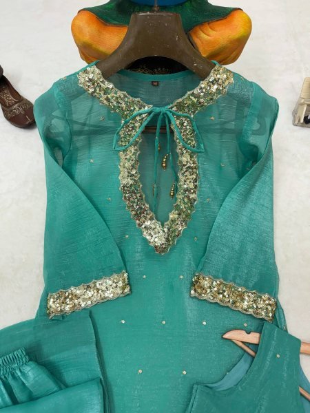 Rama Kurti Palazzo Blouse Set with Golden Hanging and Designer Embroidery For Engagement  CO ORD Sets