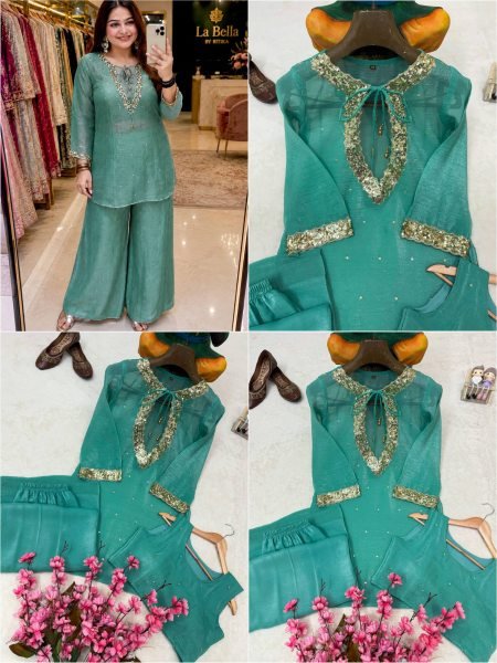Rama Kurti Palazzo Blouse Set with Golden Hanging and Designer Embroidery For Engagement  CO ORD Sets