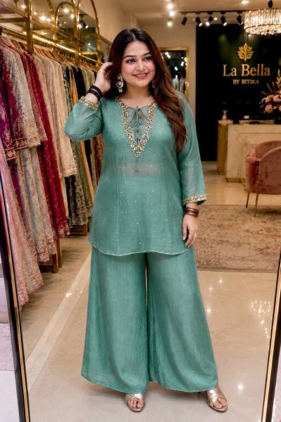 Rama Kurti Palazzo Blouse Set with Golden Hanging and Designer Embroidery For Engagement  CO ORD Sets