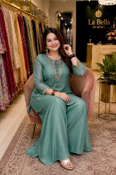 Rama Kurti Palazzo Blouse Set with Golden Hanging and Designer Embroidery For Engagement  CO ORD Sets
