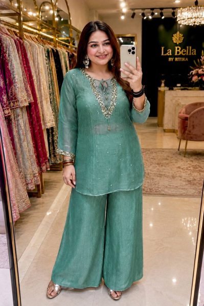 Rama Kurti Palazzo Blouse Set with Golden Hanging and Designer Embroidery For Engagement  CO ORD Sets