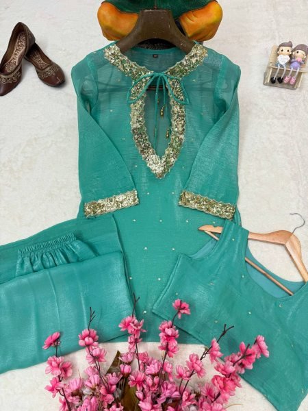 Rama Kurti Palazzo Blouse Set with Golden Hanging and Designer Embroidery For Engagement  CO ORD Sets