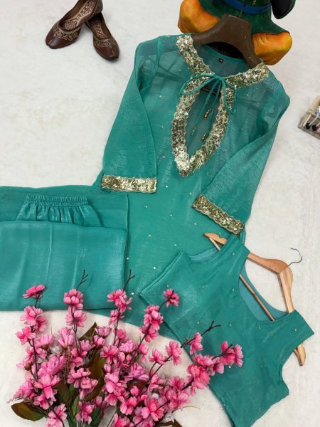 Rama Kurti Palazzo Blouse Set with Golden Hanging and Designer Embroidery For Engagement  CO ORD Sets