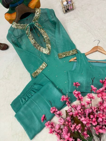 Rama Kurti Palazzo Blouse Set with Golden Hanging and Designer Embroidery For Engagement  CO ORD Sets