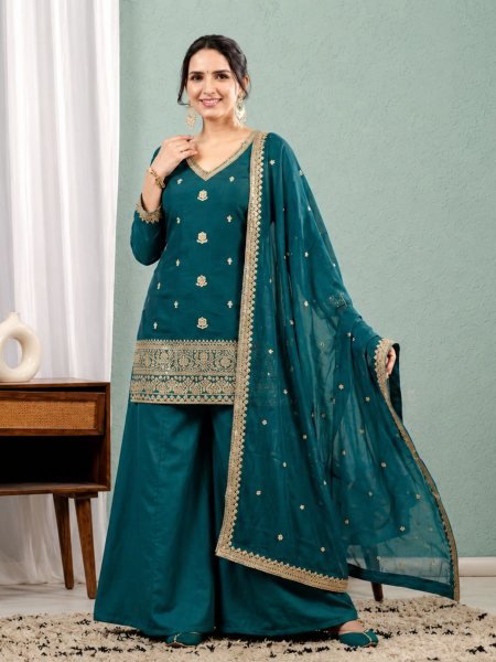 Rama Roman Silk Sharara Suit with Embroidered Mal Chanderi Dupatta For Party Wear 