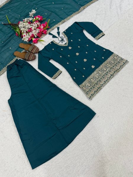 Rama Roman Silk Sharara Suit with Embroidered Mal Chanderi Dupatta For Party Wear Ready To Wear Collection