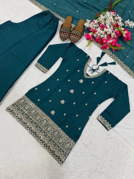 Rama Roman Silk Sharara Suit with Embroidered Mal Chanderi Dupatta For Party Wear Ready To Wear Collection