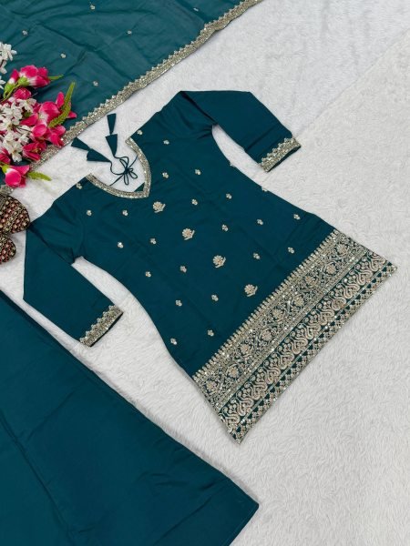 Rama Roman Silk Sharara Suit with Embroidered Mal Chanderi Dupatta For Party Wear Ready To Wear Collection