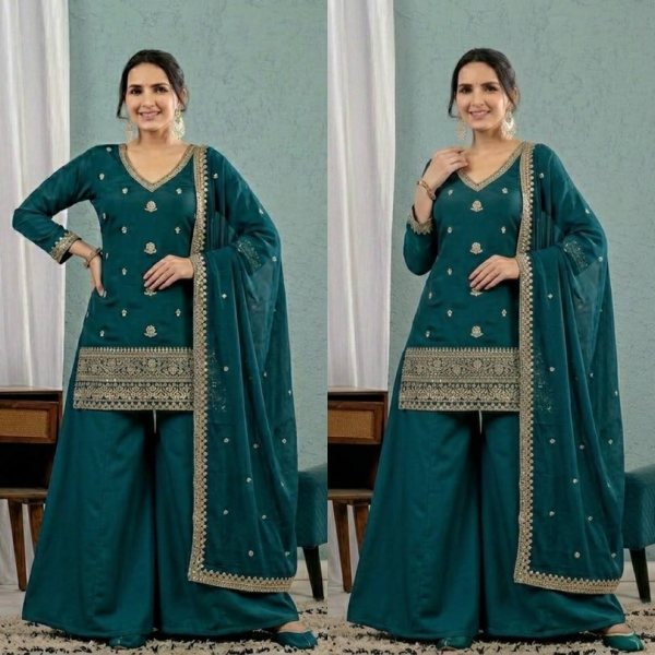 Rama Roman Silk Sharara Suit with Embroidered Mal Chanderi Dupatta For Party Wear Ready To Wear Collection