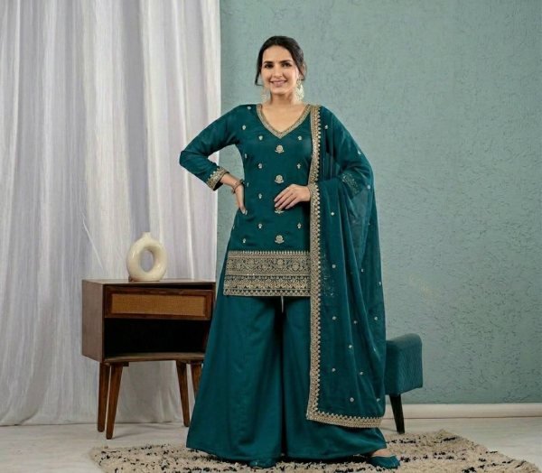 Rama Roman Silk Sharara Suit with Embroidered Mal Chanderi Dupatta For Party Wear Ready To Wear Collection