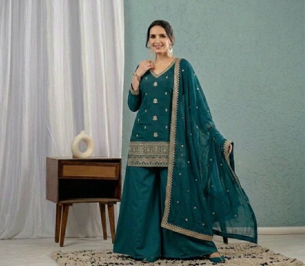 Rama Roman Silk Sharara Suit with Embroidered Mal Chanderi Dupatta For Party Wear Ready To Wear Collection