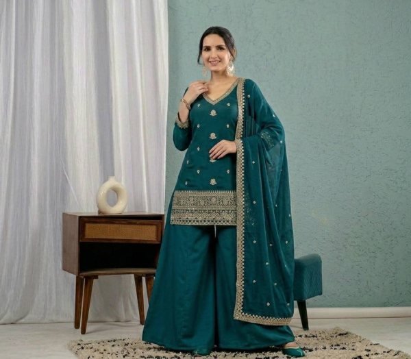Rama Roman Silk Sharara Suit with Embroidered Mal Chanderi Dupatta For Party Wear Ready To Wear Collection