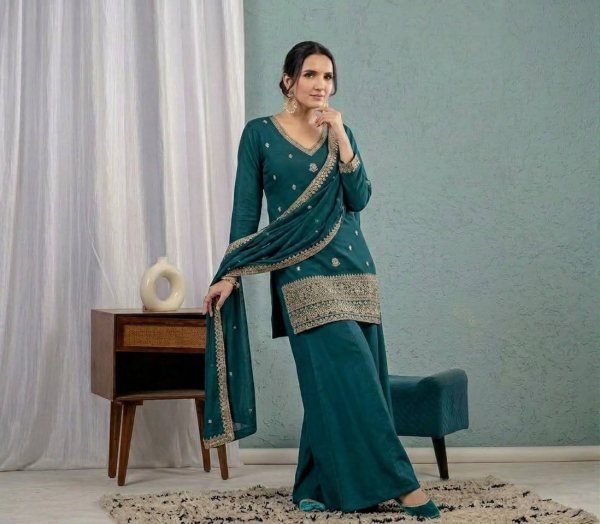 Rama Roman Silk Sharara Suit with Embroidered Mal Chanderi Dupatta For Party Wear Ready To Wear Collection