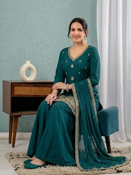 Rama Roman Silk Sharara Suit with Embroidered Mal Chanderi Dupatta For Party Wear Ready To Wear Collection
