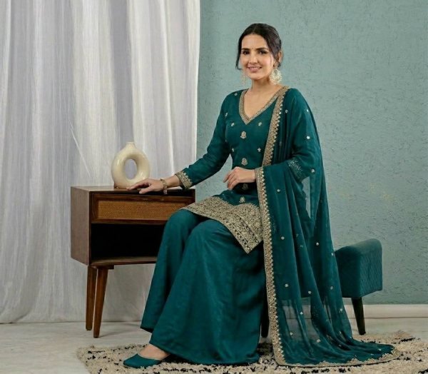 Rama Roman Silk Sharara Suit with Embroidered Mal Chanderi Dupatta For Party Wear Ready To Wear Collection