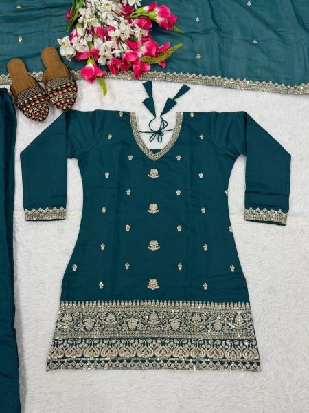 Rama Roman Silk Sharara Suit with Embroidered Mal Chanderi Dupatta For Party Wear Ready To Wear Collection