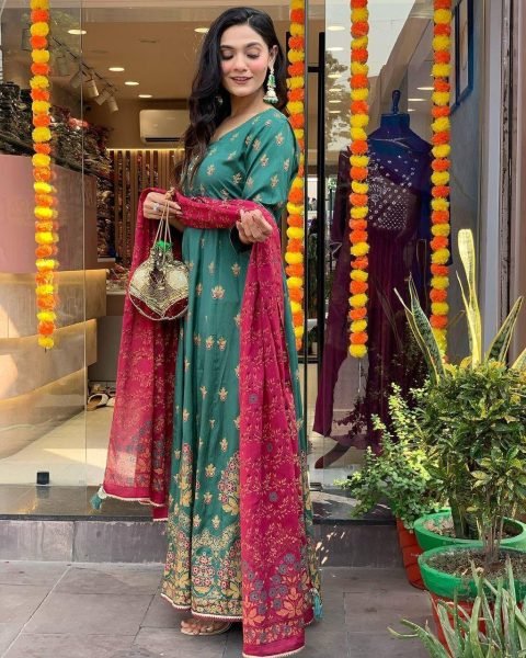  Rama Shade Roman Silk Suit with Foil Work   Chinon Dupatta   Perfect Party Look Anarkali Kurtis 