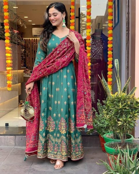  Rama Shade Roman Silk Suit with Foil Work   Chinon Dupatta   Perfect Party Look Anarkali Kurtis 