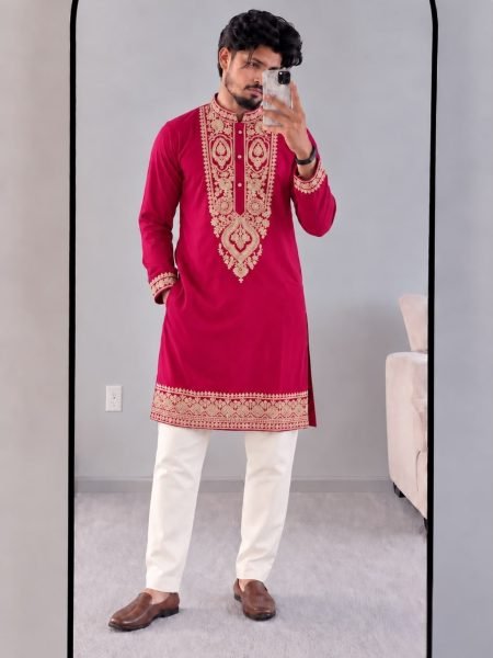 Rani Pink Armani Lachko Kurta with Heavy Embroidery and Elastic Waist Pyjama at Wholesale  