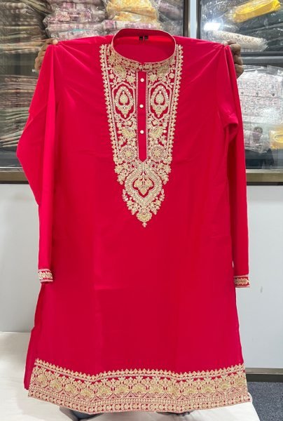 Rani Pink Armani Lachko Kurta with Heavy Embroidery and Elastic Waist Pyjama at Wholesale  Kurta Pajama Wholesale