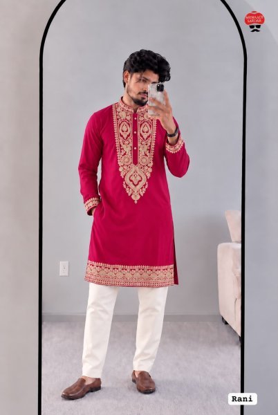 Rani Pink Armani Lachko Kurta with Heavy Embroidery and Elastic Waist Pyjama at Wholesale  Kurta Pajama Wholesale