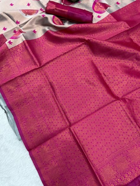 Rani Pink Banarasi Silk Saree With Beige Weaving Pallu Elegant Wedding Look Banarasi Saree Wholesale
