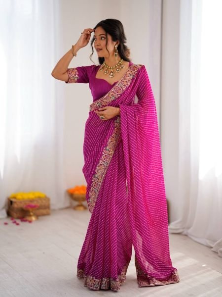 Rani Pink Bandhani Print Faux Georgette Saree with Sequin Embroidery For Festival Sarees 