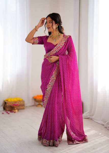 Rani Pink Bandhani Print Faux Georgette Saree with Sequin Embroidery For Festival Georgette Sarees Wholesale